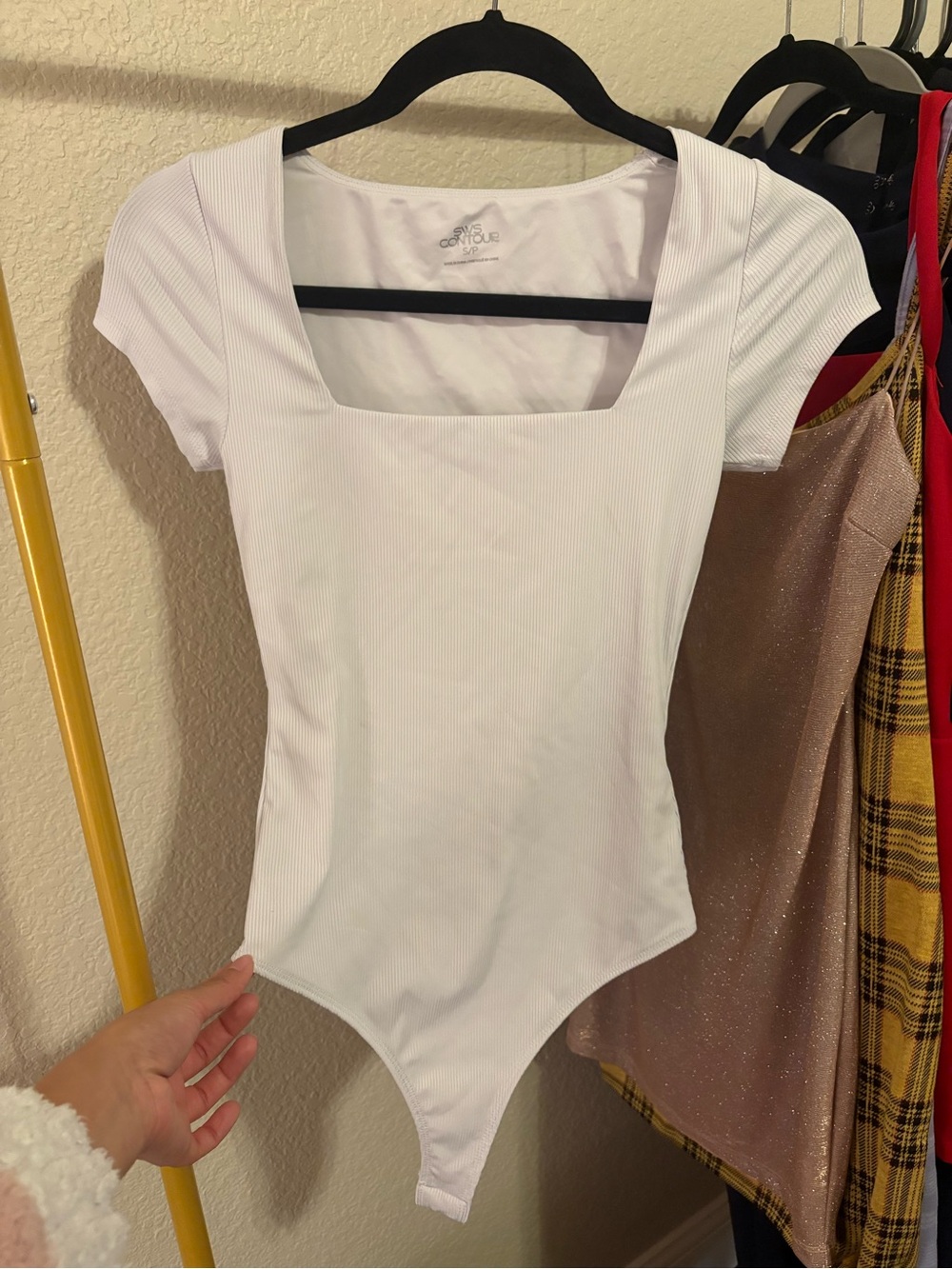 White Ribbed Square Neck Bodysuit